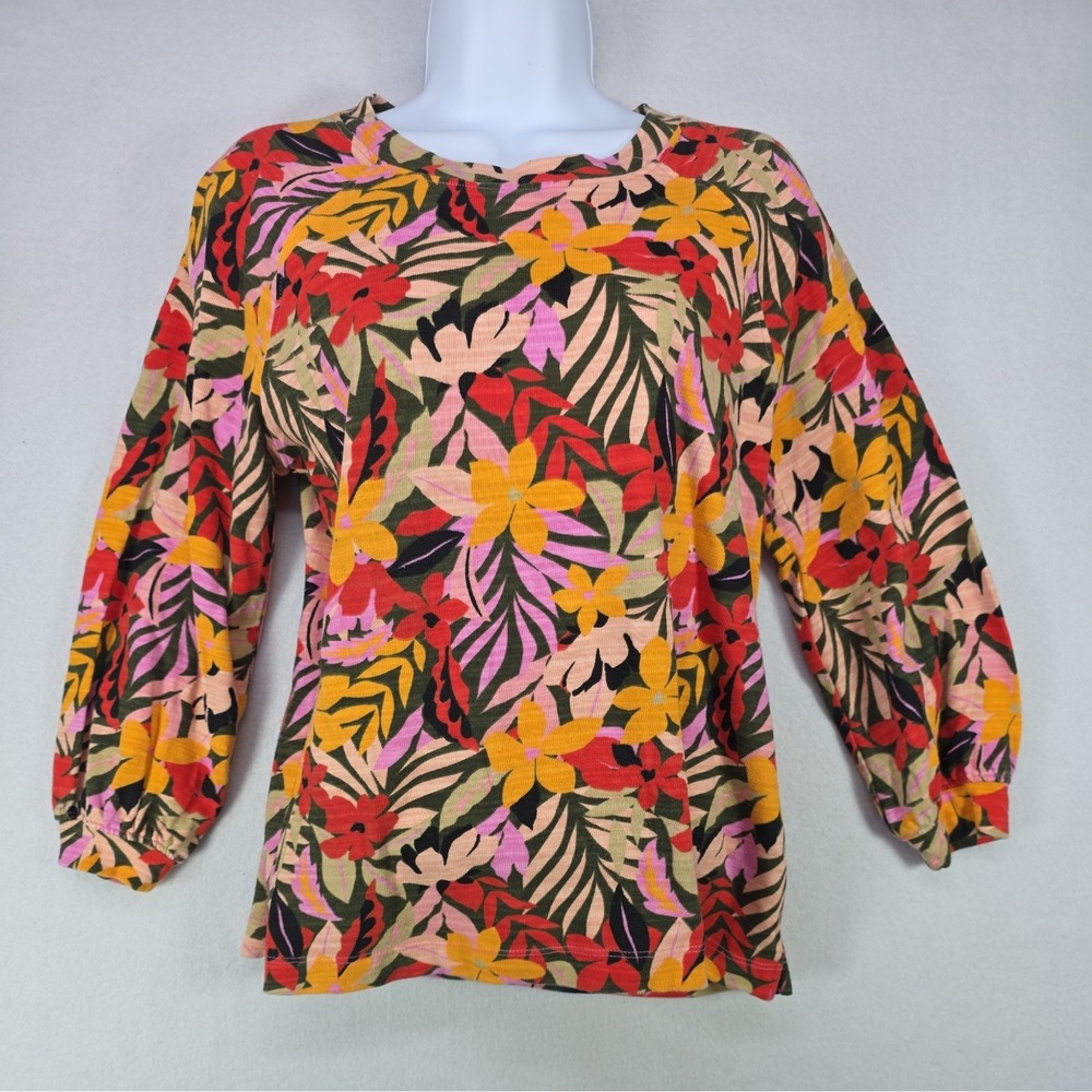 LOFT Warm Tone Floral Top Womens XS 3/4 Sleeve Bold Tropical Print